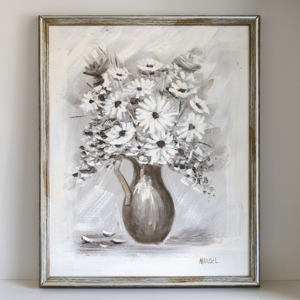 Original Vintage Daisy Floral Painting by Mandel – 24″×30″ Black, White & Gray